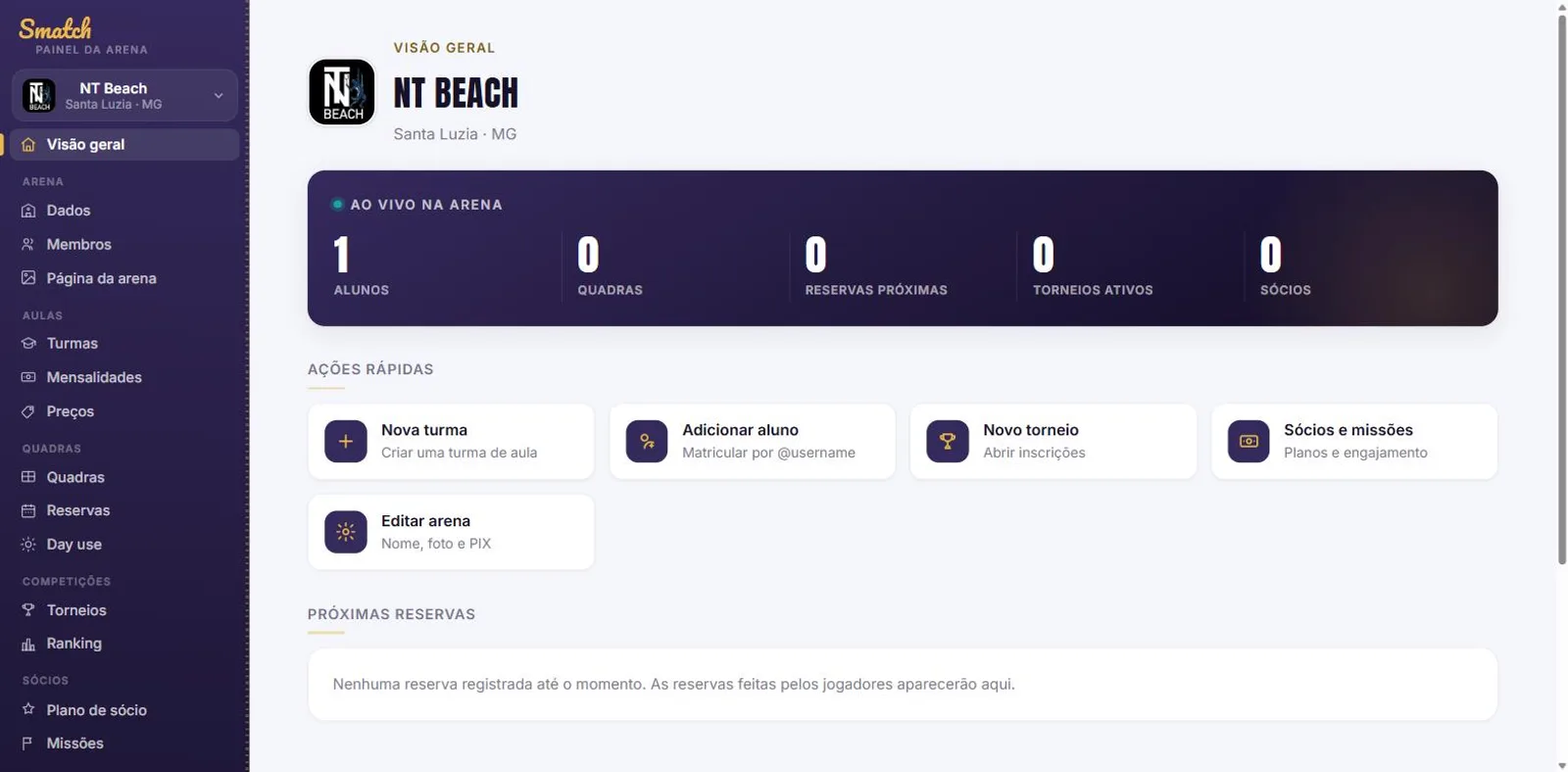 Painel de gestão da arena no Smatch